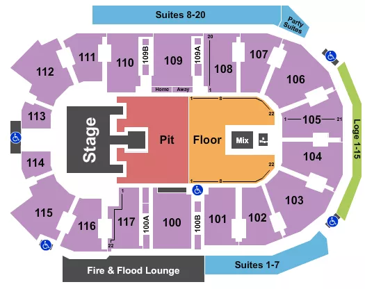 Bailey Zimmerman Seating Chart at Rogers Forum. The chart shows the main floor/stage with seating options surrounding it, which are color coded