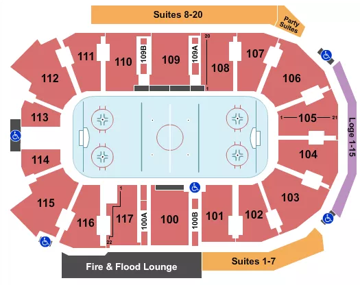 Hockey Seating Chart at Rogers Forum. The chart shows the main floor/stage with seating options surrounding it, which are color coded