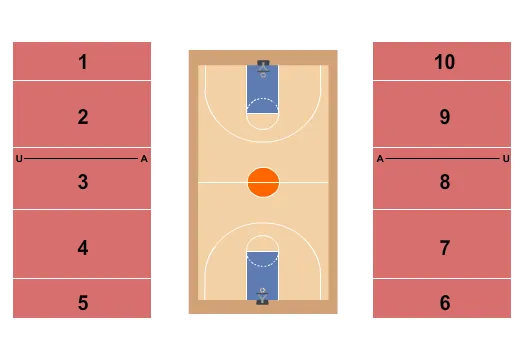 Basketball Seating Chart at The Roof At The Case Center. The chart shows the main floor/stage with seating options surrounding it, which are color coded