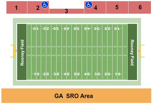 Football Seating Chart at Rooney Field. The chart shows the main floor/stage with seating options surrounding it, which are color coded