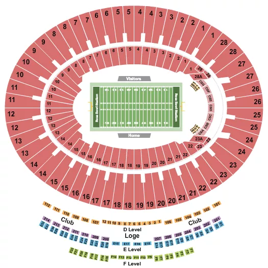 Football Seating Chart at Rose Bowl Stadium. The chart shows the main floor/stage with seating options surrounding it, which are color coded