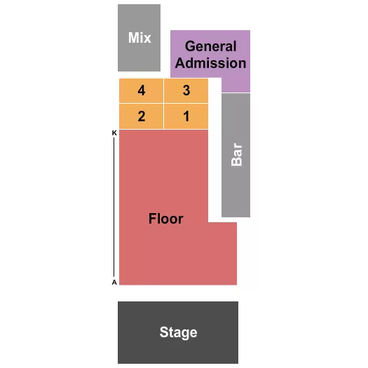 Endstage Seating Chart at Rose Music Hall. The chart shows the main floor/stage with seating options surrounding it, which are color coded