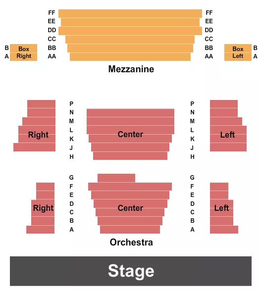 End Stage Seating Chart at Ross Family Theatre at KPAC. The chart shows the main floor/stage with seating options surrounding it, which are color coded