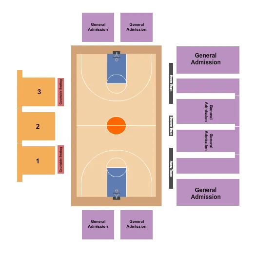 Basketball Seating Chart at Bogota Savings Bank Center. The chart shows the main floor/stage with seating options surrounding it, which are color coded