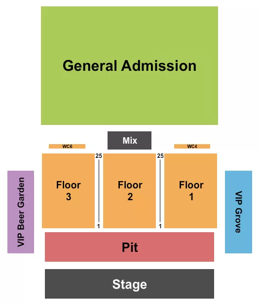 Endstage GA Pit Seating Chart at Round Rock Amp. The chart shows the main floor/stage with seating options surrounding it, which are color coded