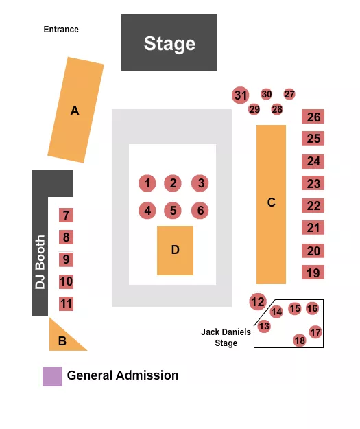 GA/Reserved 3 Seating Chart at Rowdy's Dance Hall. The chart shows the main floor/stage with seating options surrounding it, which are color coded