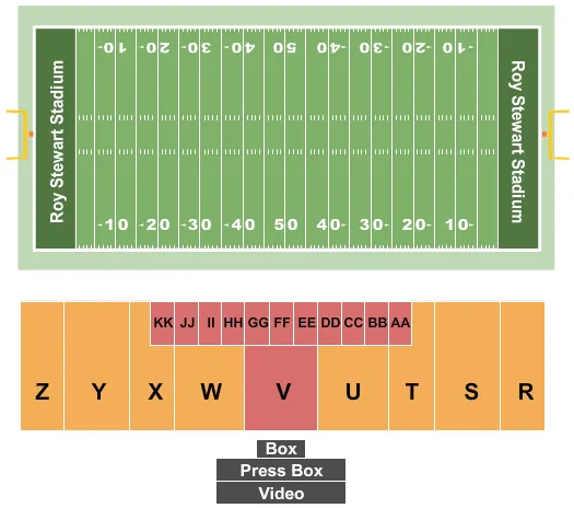 Football Seating Chart at Roy Stewart Stadium. The chart shows the main floor/stage with seating options surrounding it, which are color coded