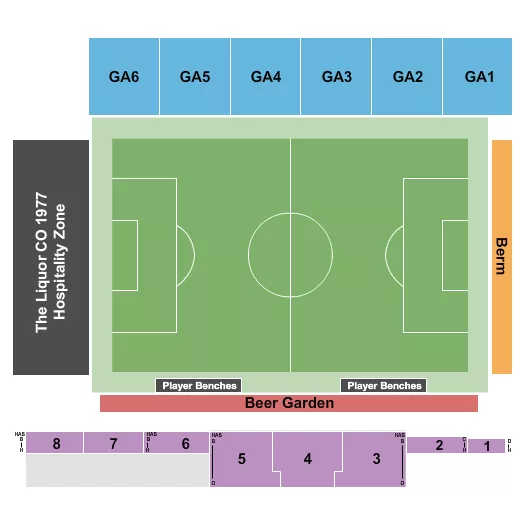 Soccer with GA Seating Chart at Royal Athletic Park. The chart shows the main floor/stage with seating options surrounding it, which are color coded