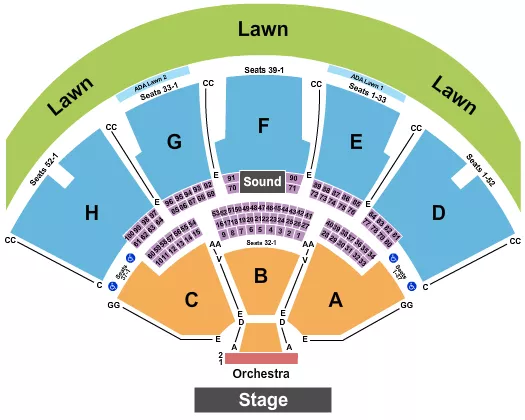 End Stage Seating Chart at Ruoff Music Center. The chart shows the main floor/stage with seating options surrounding it, which are color coded