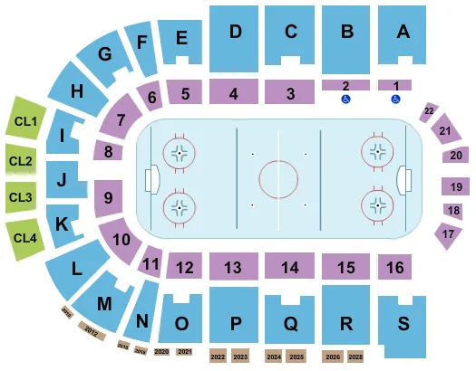 Hockey Seating Chart at Ice Arena at The Monument. The chart shows the main floor/stage with seating options surrounding it, which are color coded