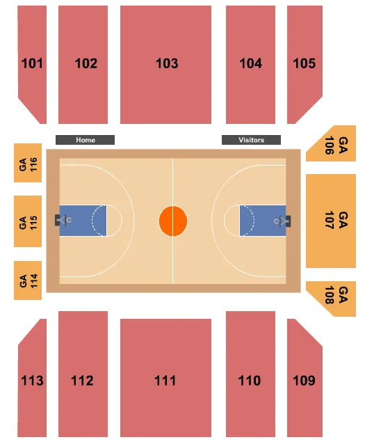 Basketball Seating Chart at Ryan Center & DJ Sokol Arena. The chart shows the main floor/stage with seating options surrounding it, which are color coded