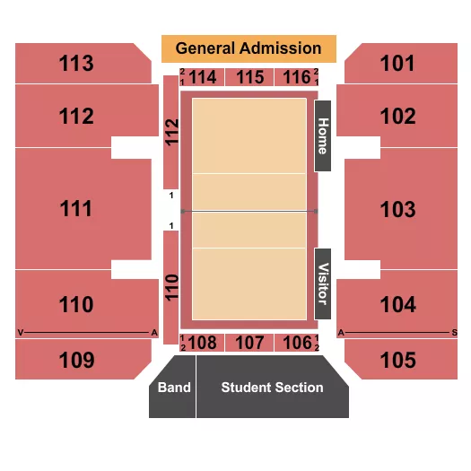 Volleyball Seating Chart at Ryan Center & DJ Sokol Arena. The chart shows the main floor/stage with seating options surrounding it, which are color coded