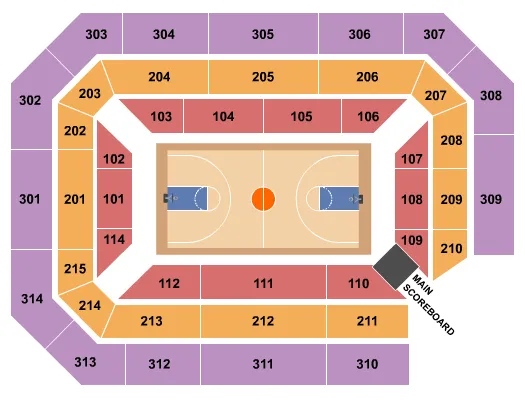 Basketball Seating Chart at Ryan Center. The chart shows the main floor/stage with seating options surrounding it, which are color coded