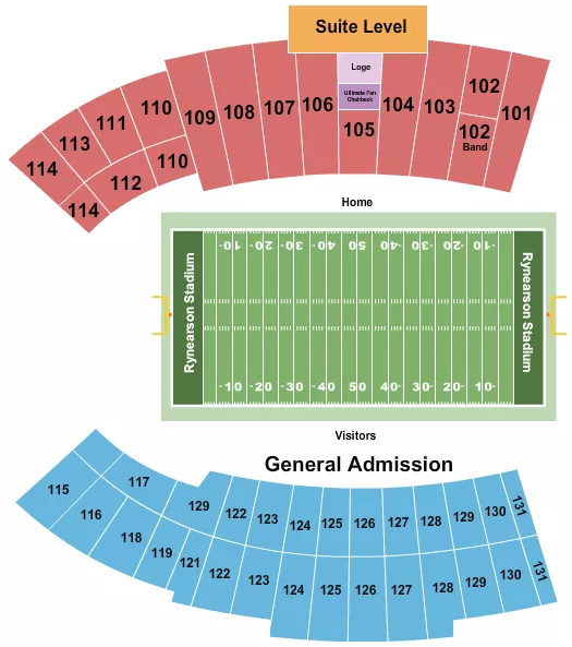 Football Seating Chart at Rynearson Stadium. The chart shows the main floor/stage with seating options surrounding it, which are color coded