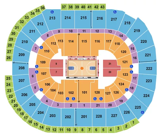 Basketball 2 Seating Chart at SAP Center. The chart shows the main floor/stage with seating options surrounding it, which are color coded