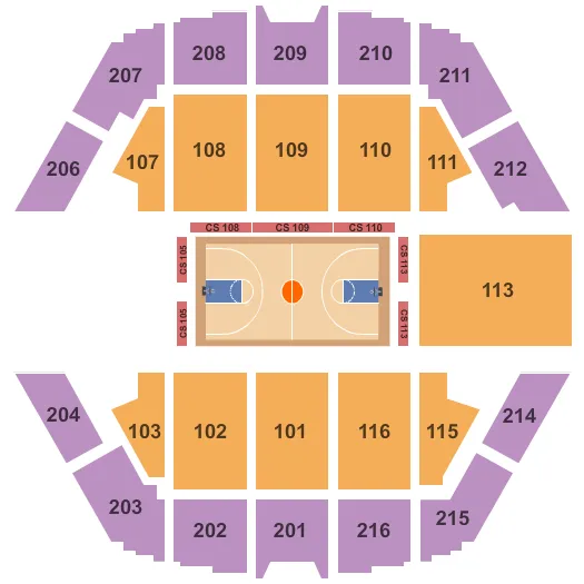 Basketball Seating Chart at Banterra Center. The chart shows the main floor/stage with seating options surrounding it, which are color coded