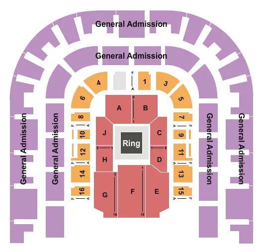 Boxing Seating Chart at Sacramento Memorial Auditorium. The chart shows the main floor/stage with seating options surrounding it, which are color coded