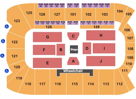 Center Stage Seating Chart at Sadlon Arena. The chart shows the main floor/stage with seating options surrounding it, which are color coded