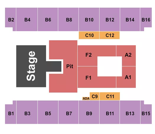 Brantley Gilbert Seating Chart at Salem Civic Center. The chart shows the main floor/stage with seating options surrounding it, which are color coded