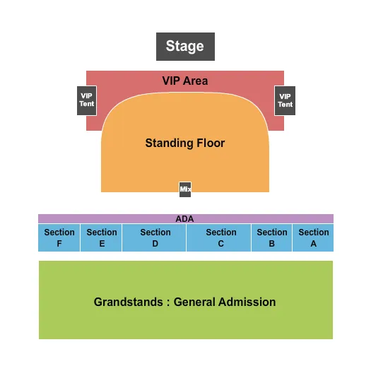 Banda MS Seating Chart at Salinas Sports Complex. The chart shows the main floor/stage with seating options surrounding it, which are color coded
