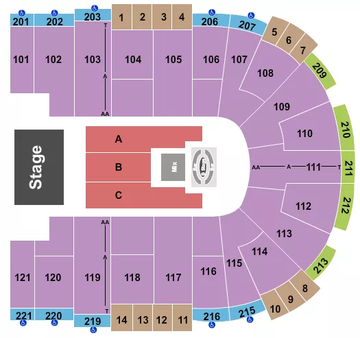 Carin Leon Seating Chart at Sames Auto Arena. The chart shows the main floor/stage with seating options surrounding it, which are color coded