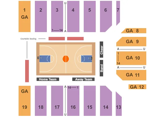 Basketball Seating Chart at Provident Credit Union Event Center. The chart shows the main floor/stage with seating options surrounding it, which are color coded