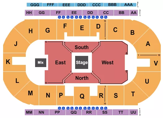 Center Stage 1 Seating Chart at Sandman Centre. The chart shows the main floor/stage with seating options surrounding it, which are color coded