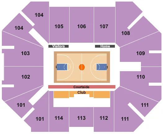 Basketball Seating Chart at Sanford Coyote Sports Center. The chart shows the main floor/stage with seating options surrounding it, which are color coded