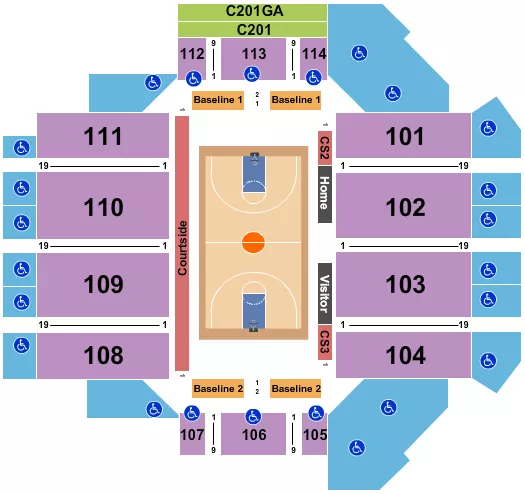 Basketball - WNBA Seating Chart at Sanford Pentagon. The chart shows the main floor/stage with seating options surrounding it, which are color coded