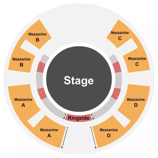 Cirque Ma'Ceo Seating Chart at Santa Maria Elks Rodeo Grounds. The chart shows the main floor/stage with seating options surrounding it, which are color coded
