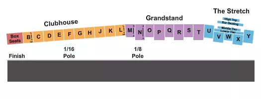 Horse Racing Seating Chart at Saratoga Race Course. The chart shows the main floor/stage with seating options surrounding it, which are color coded