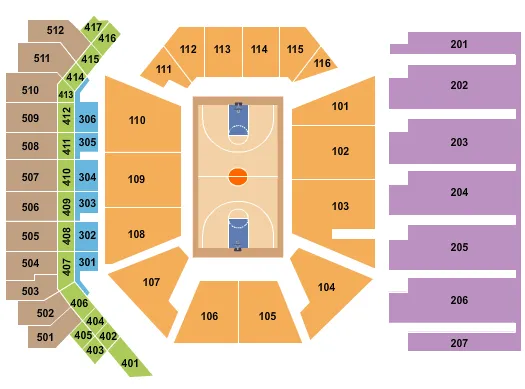 Basketball Seating Chart at Savage Arena. The chart shows the main floor/stage with seating options surrounding it, which are color coded