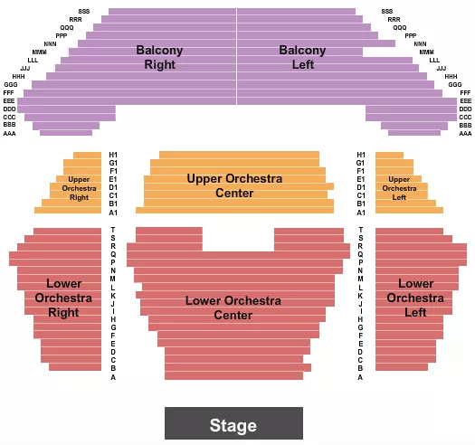 End Stage Seating Chart at The Schaefer Center for the Performing Arts. The chart shows the main floor/stage with seating options surrounding it, which are color coded
