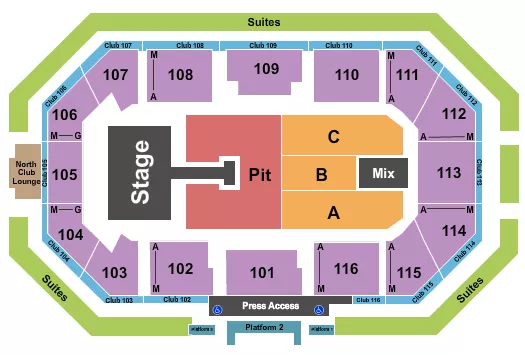 Brad Paisley Seating Chart at Scheels Arena. The chart shows the main floor/stage with seating options surrounding it, which are color coded