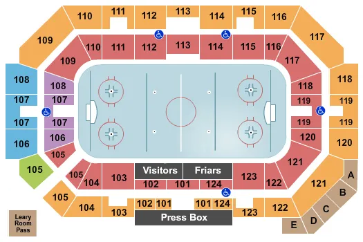 Hockey Seating Chart at Schneider Arena. The chart shows the main floor/stage with seating options surrounding it, which are color coded