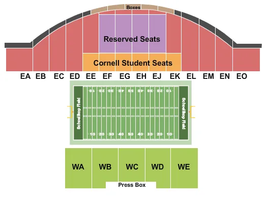 Football Seating Chart at Schoellkopf Field. The chart shows the main floor/stage with seating options surrounding it, which are color coded