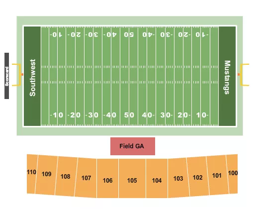 End Stage Seating Chart at Schwan Regional Events Center. The chart shows the main floor/stage with seating options surrounding it, which are color coded
