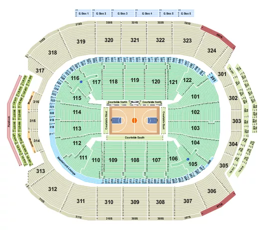 Basketball Rows Seating Chart at Scotiabank Arena. The chart shows the main floor/stage with seating options surrounding it, which are color coded