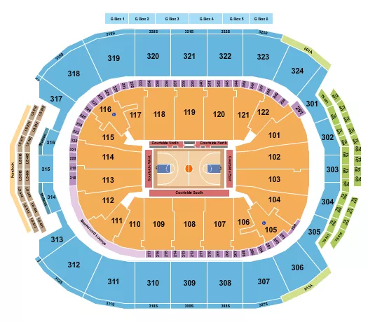 Basketball Rows Seating Chart at Scotiabank Arena. The chart shows the main floor/stage with seating options surrounding it, which are color coded