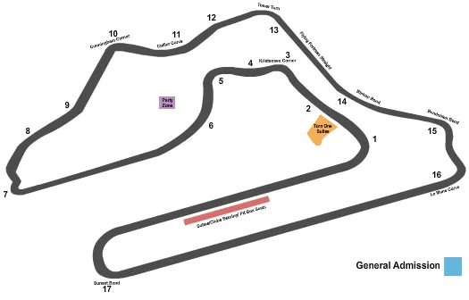 Race Seating Chart at Sebring International Raceway. The chart shows the main floor/stage with seating options surrounding it, which are color coded