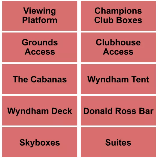 Golf Seating Chart at Sedgefield Country Club. The chart shows the main floor/stage with seating options surrounding it, which are color coded