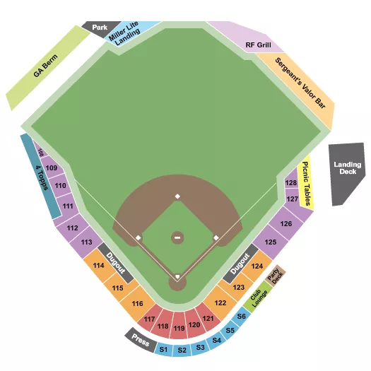 Baseball Seating Chart at Segra Stadium. The chart shows the main floor/stage with seating options surrounding it, which are color coded
