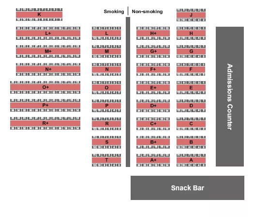 Bingo Seating Chart at Seven Feathers Hotel & Casino. The chart shows the main floor/stage with seating options surrounding it, which are color coded