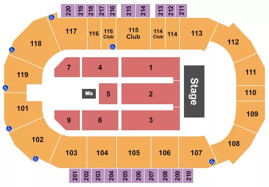 Endstage 5 Seating Chart at Showare Center. The chart shows the main floor/stage with seating options surrounding it, which are color coded