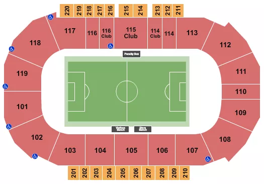 Soccer 2 Seating Chart at Showare Center. The chart shows the main floor/stage with seating options surrounding it, which are color coded