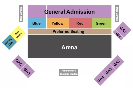 Rodeo 2 Seating Chart at Shouse Arena At Twin Falls County Fair. The chart shows the main floor/stage with seating options surrounding it, which are color coded