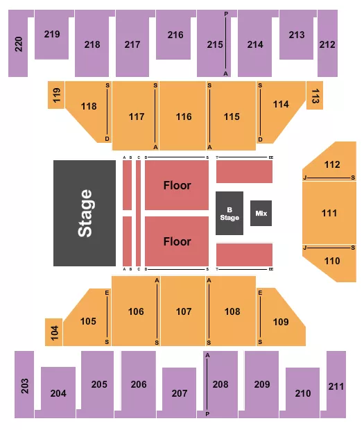 Third Day Seating Chart at Show Me Center. The chart shows the main floor/stage with seating options surrounding it, which are color coded