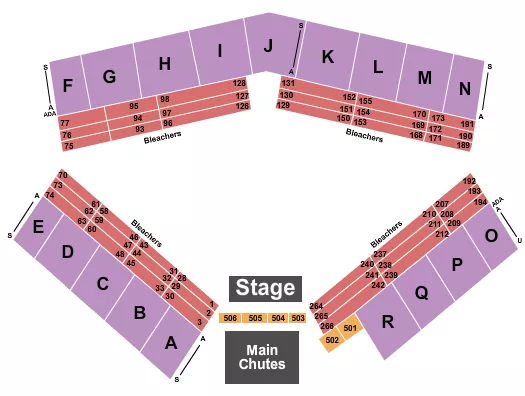 Rodeo 2 Seating Chart at Sikeston Jaycee Bootheel Rodeo. The chart shows the main floor/stage with seating options surrounding it, which are color coded