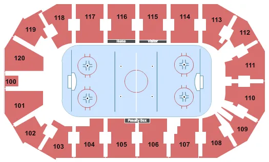 Hockey Seating Chart at Cable Dahmer Arena. The chart shows the main floor/stage with seating options surrounding it, which are color coded