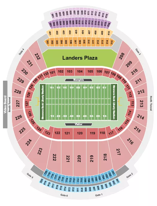 Football 2 Seating Chart at Simmons Bank Liberty Stadium. The chart shows the main floor/stage with seating options surrounding it, which are color coded